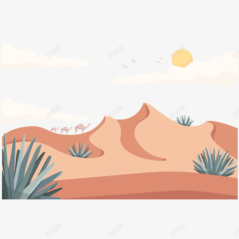 沙漠自然风景插画矢量图ai免抠素材_新图网 https://ixintu.com 动物 山水 插图 插画 旅游度假 森林 沙漠 河流 清新 自然 风景 骆驼 矢量图