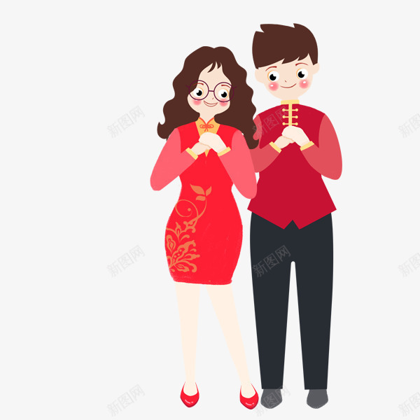 手绘插画拜年的人物psd免抠素材_新图网 https://ixintu.com 喜庆 手绘插画拜年的人物 拜年 拜年的情侣 新年