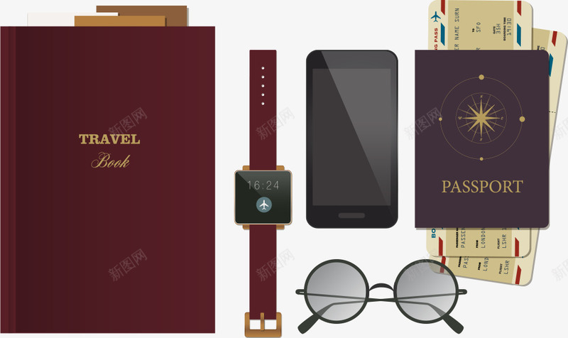 商务旅行用品png免抠素材_新图网 https://ixintu.com 商务旅行用品 手机 手表 护照 旅行 旅行用品 眼镜