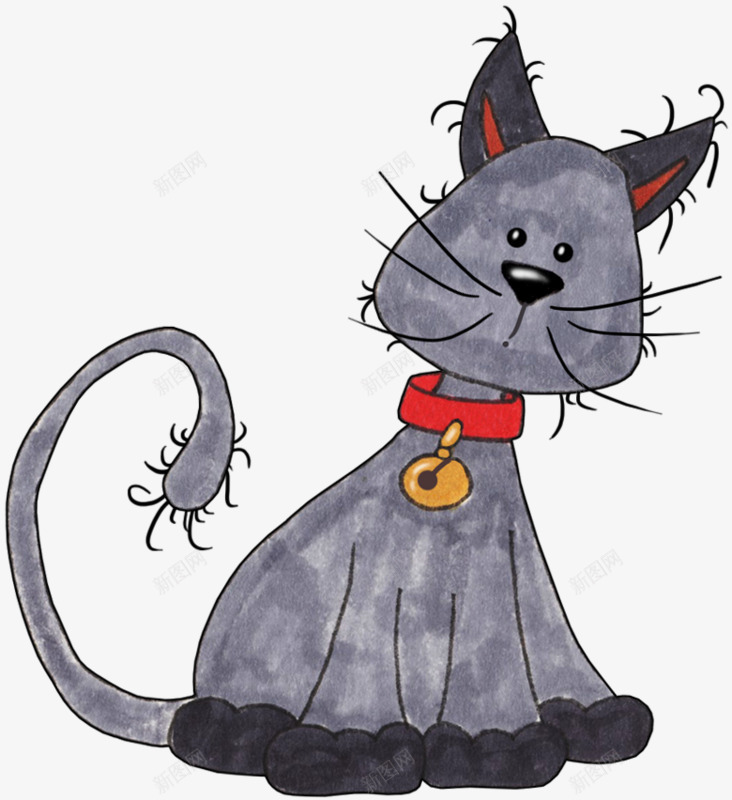 灰色卡通猫咪png免抠素材_新图网 https://ixintu.com 动物 小猫 手绘 铃铛