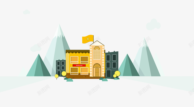 扁平化学校png免抠素材_新图网 https://ixintu.com 大山 学校 扁平化 浅绿 风景