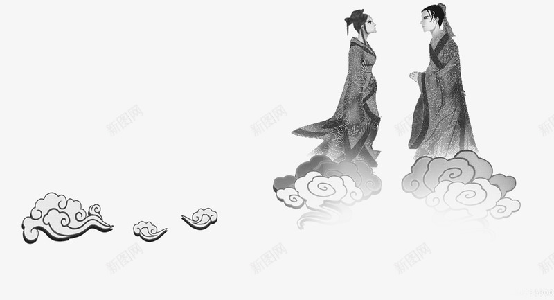 灰色手绘古风云端上的情侣七夕情人节png免抠素材_新图网 https://ixintu.com 云端 古风 情人 情侣 灰色