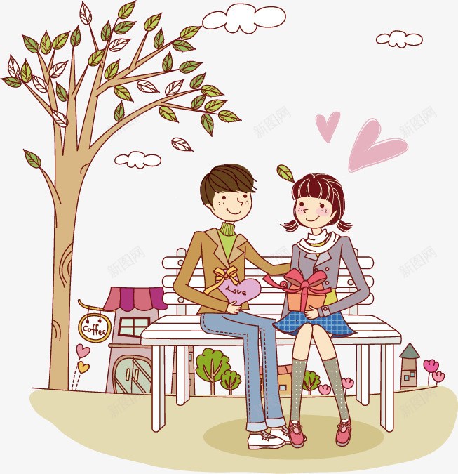 卡通情侣png免抠素材_新图网 https://ixintu.com 公园长椅 卡通动漫 彩色 情人节素材 情侣 手绘 插图插画 浪漫 爱心 爱情 礼物