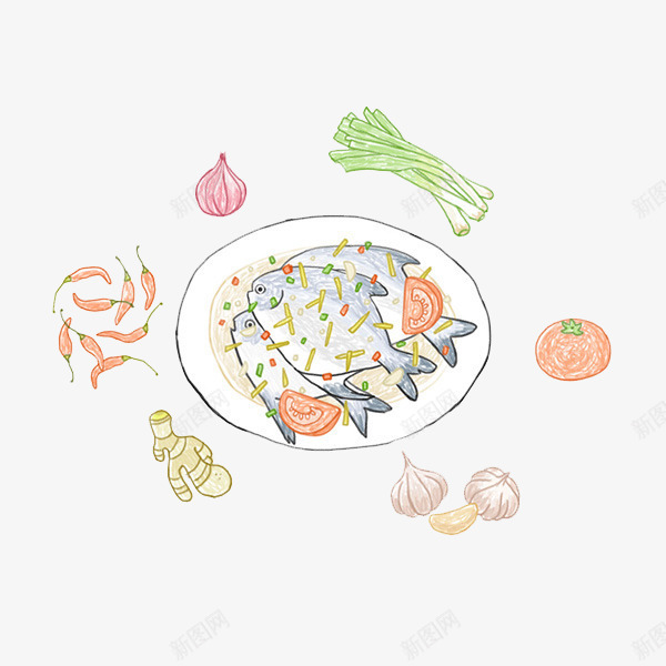 卡通手绘清蒸鱼png免抠素材_新图网 https://ixintu.com 卡通 吃货 大餐 手绘 插画 美食 食物 餐饮