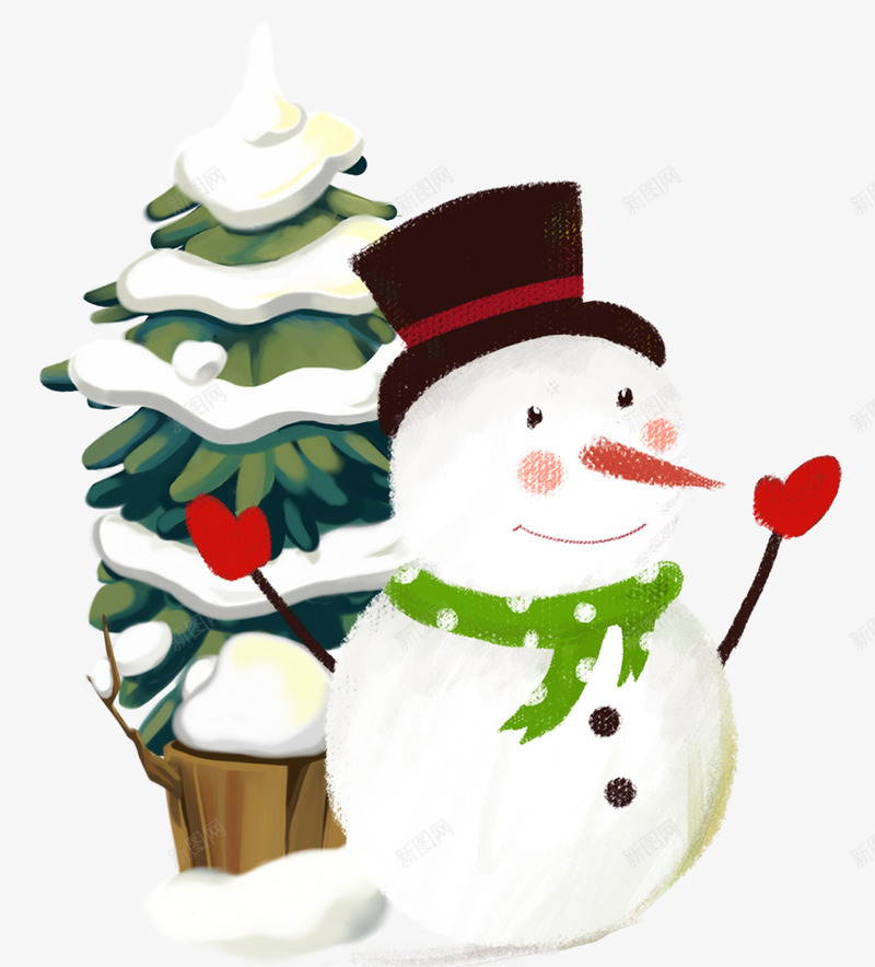 摊手的雪人和松柏树png免抠素材_新图网 https://ixintu.com 冬天 卡通 圣诞节 手绘 松柏树 红手套 绿色围巾