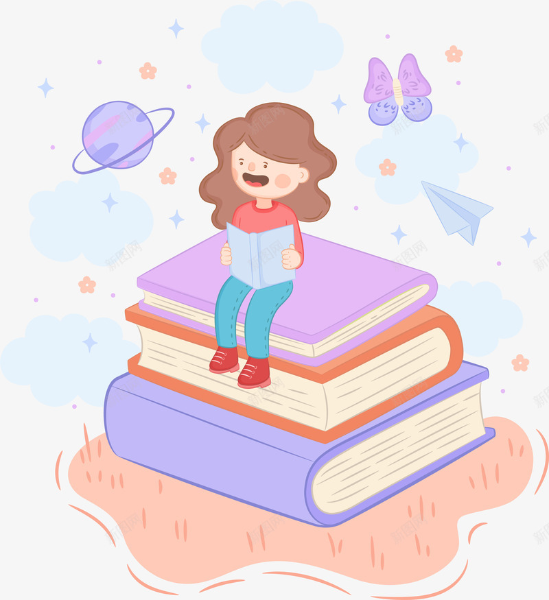 坐在书上看书的小孩png免抠素材_新图网 https://ixintu.com 世界读书日 卡通 可爱 坐在书上 学习 插画 看书的小孩 矢量图案