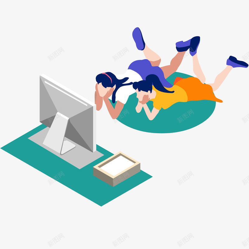 女孩和母亲趴着看电视插画矢量图ai免抠素材_新图网 https://ixintu.com 互联网 女孩 女孩和母亲趴着看电视插画 家庭 彩色 我的家人 教育 母亲 电脑 矢量图
