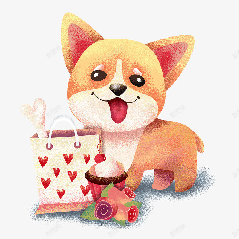 情人节可爱宠物狗与礼品袋插画png免抠素材_新图网 https://ixintu.com 可爱 吐舌 宠物 情人节 插画 狗 玫瑰 甜点 礼品袋 礼盒 骨头