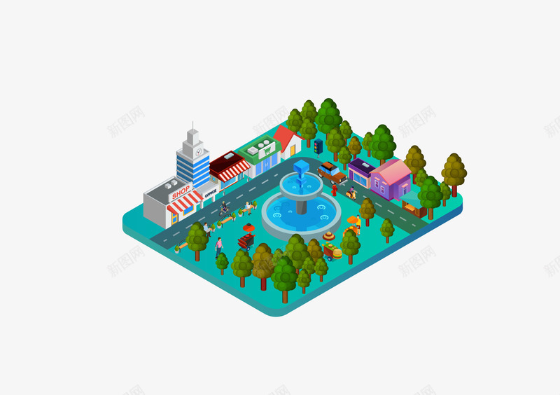 小区道路城市公园25D插画矢量图ai免抠素材_新图网 https://ixintu.com 休闲 公园 商铺 喷池 喷泉 城市 小区 店铺 矢量图 行人 车辆 道路 马路