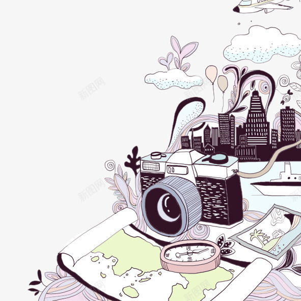 手绘旅游风景png免抠素材_新图网 https://ixintu.com 照相机轮船插画地图飞机旅游风景轮船手绘风景照相机