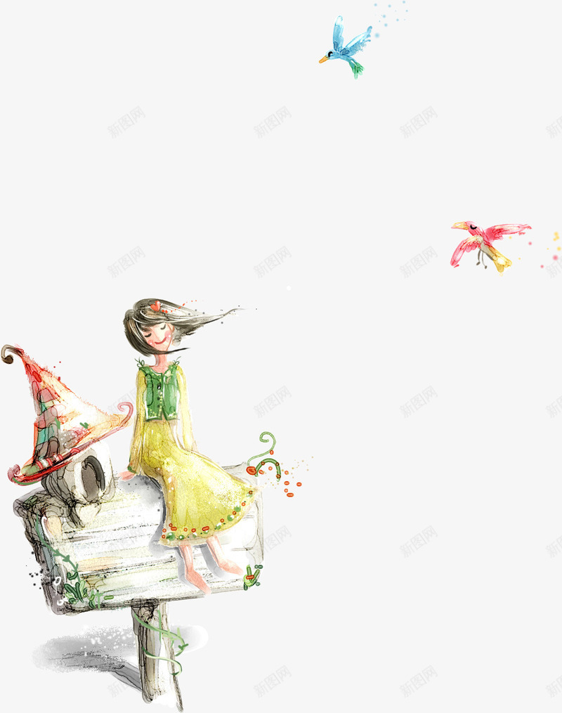手绘唯美小女孩插画美景png免抠素材_新图网 https://ixintu.com 女孩 插画 美景