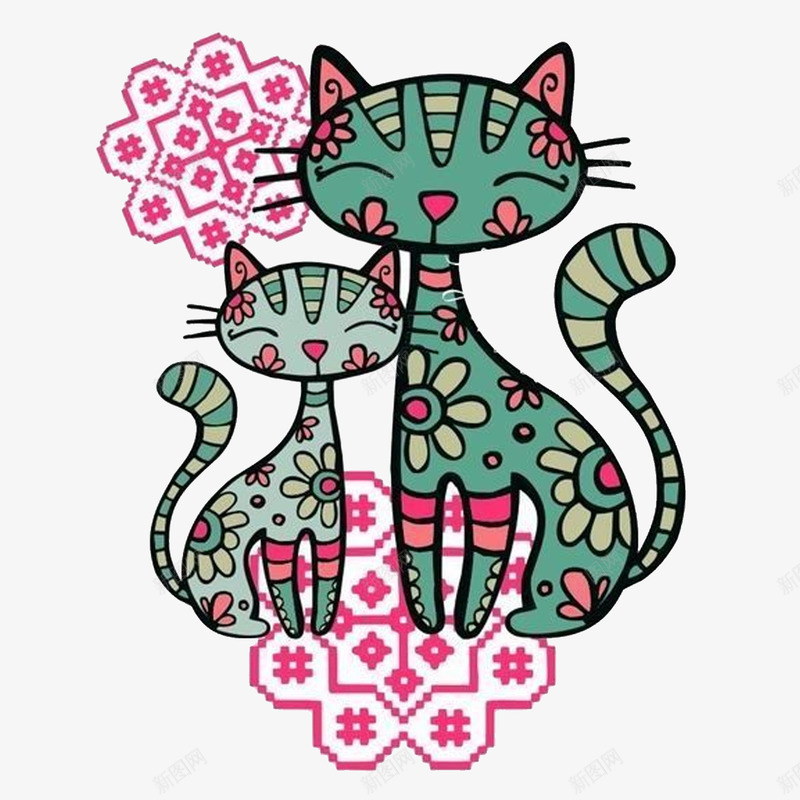 花朵小猫和刺锈花纹psd免抠素材_新图网 https://ixintu.com 刺绣花纹 卡通素材 小猫 矢量花纹元素 花朵