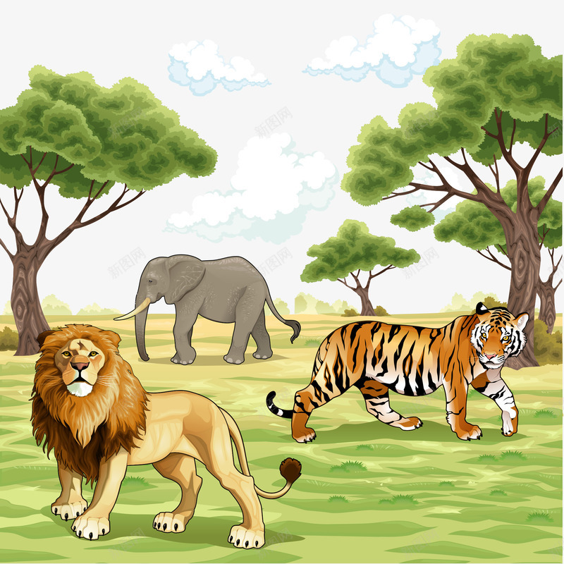 森林插画矢量图ai免抠素材_新图网 https://ixintu.com 大象 狮子 老虎 矢量图
