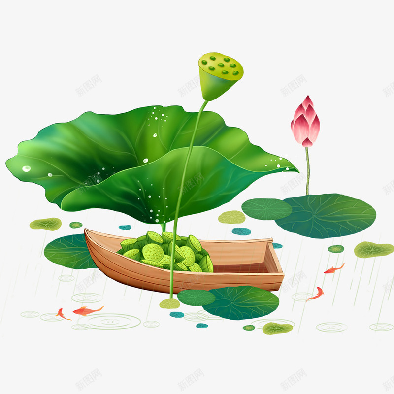 创意荷叶荷花psd免抠素材_新图网 https://ixintu.com 创意 处暑 小清新 小船 插画设计 竹子荷花荷叶满池塘 荷叶 荷花