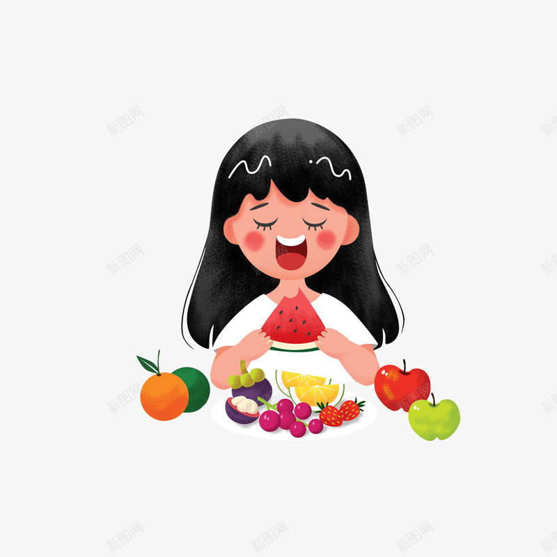 卡通吃水果的女孩png免抠素材_新图网 https://ixintu.com 卡通女孩 卡通插画 吃水果女孩 孩子吃水果 山竹 橙子 水果 草莓 西瓜