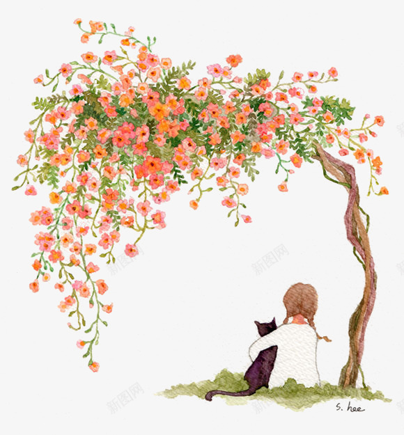 小清新手绘插画png免抠素材_新图网 https://ixintu.com 唯美 女生 小清新手绘插画免抠 小清新手绘插画免抠png 少女风 手绘 插画 树下 漫画 猫 青春