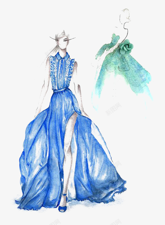 手绘水彩裙子png免抠素材_新图网 https://ixintu.com 卡通 女生 手绘 插画 水彩 蓝色 裙子