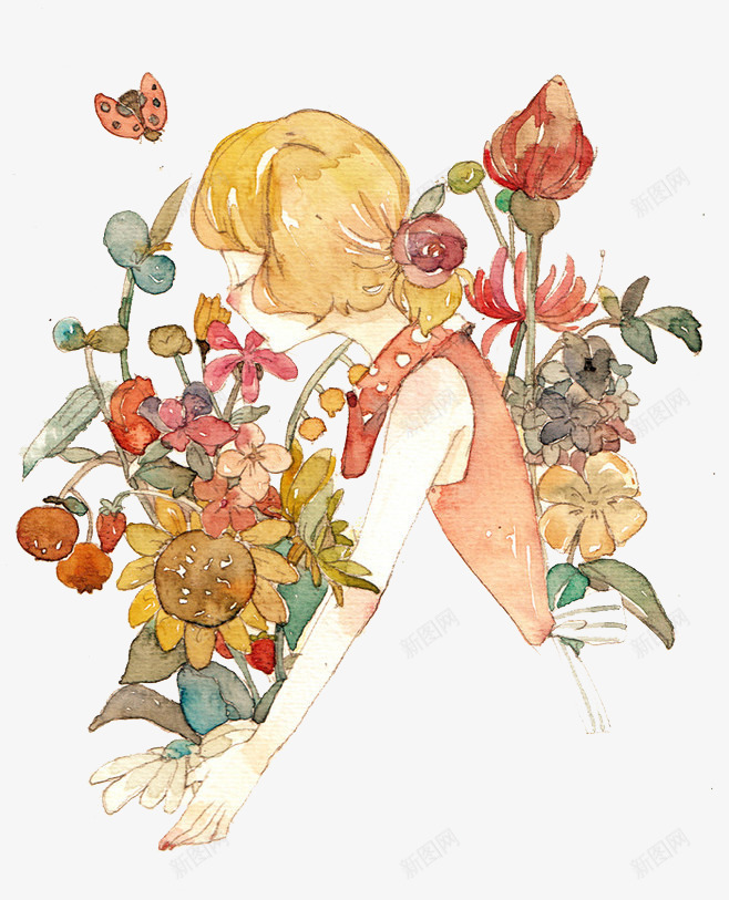 闻花女孩png免抠素材_新图网 https://ixintu.com 唯美 手绘姑娘 插画 美女闻花 花丛 花朵