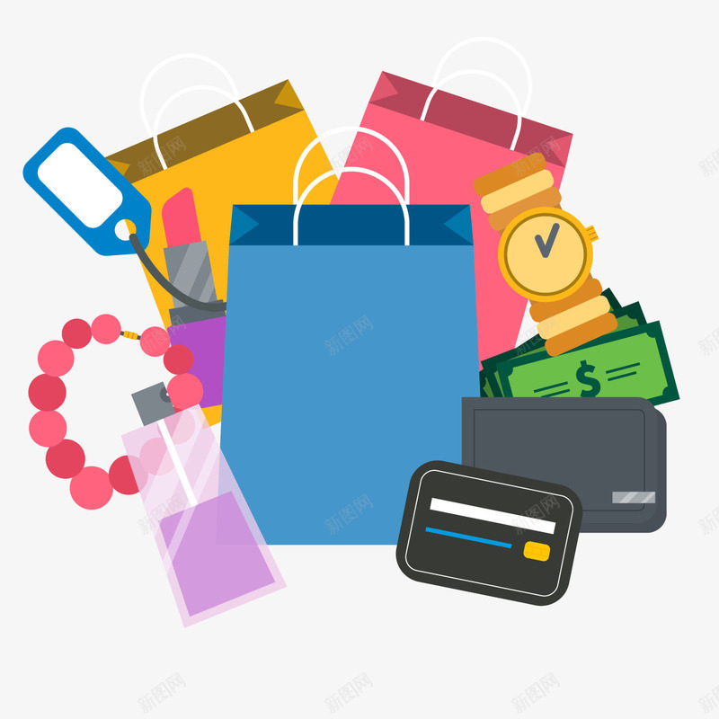 奢侈品购物png免抠素材_新图网 https://ixintu.com 手表 纸袋 金表 金钱