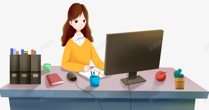 手绘办公的女人插画psd免抠素材_新图网 https://ixintu.com 办公 商务办公 工作 工作的女人 手绘插画 职场女性