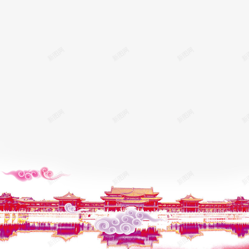 中国古建筑png免抠素材_新图网 https://ixintu.com 卡通 古代 古建筑 天宫 天庭 宫殿 建筑 彩色 皇宫 祥云 红色