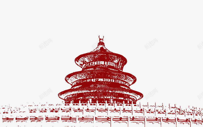 红色墨水画天台png免抠素材_新图网 https://ixintu.com 壮观 庞大 景点 红色