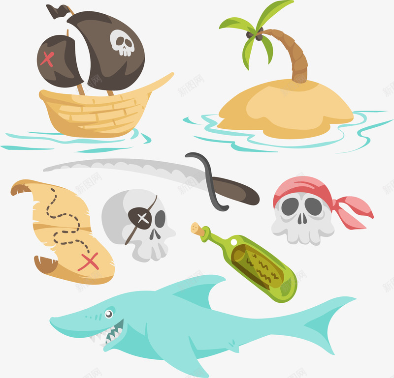 创意卡通海盗元素插画矢量图ai免抠素材_新图网 https://ixintu.com 刀 地图 大海 岛屿 棕榈树 海盗船 漂流瓶 藏宝图 骷髅头 鲨鱼 矢量图