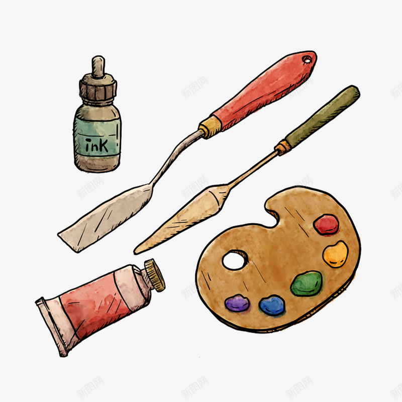 彩绘绘画工具png免抠素材_新图网 https://ixintu.com 墨水 工具 水彩 绘画 调色板 铲子