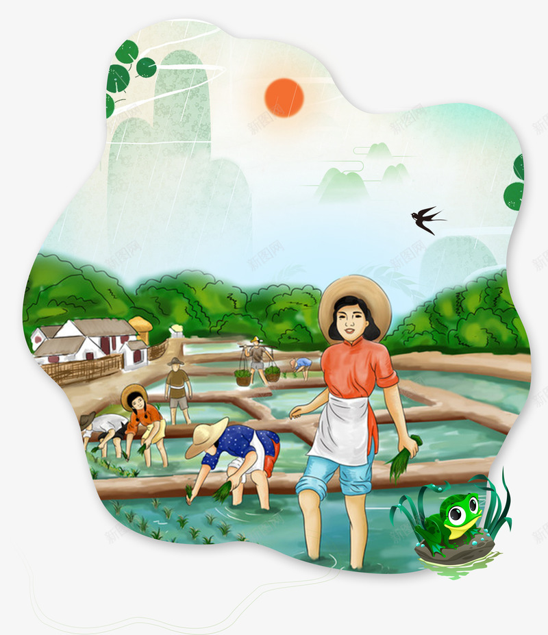 谷雨节气插画psd免抠素材_新图网 https://ixintu.com 农民 大地复苏 大阳 小清新 小草 山 插秧 插秧卡通 春天来了 春耕 晴朗 燕子 绿色 花儿 谷雨 青蛙 黑色燕子
