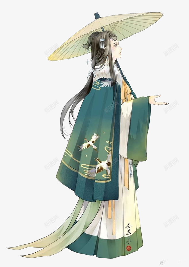 古风女孩png免抠素材_新图网 https://ixintu.com 卡通 古风 女孩 手绘 水彩 绿色 装饰 长裙