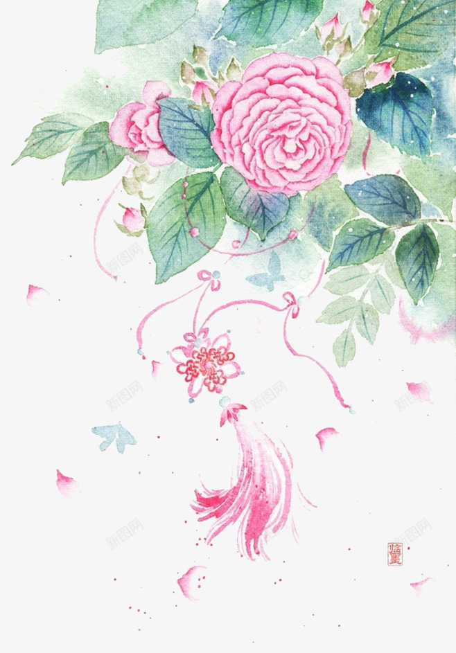 复古鲜花插画png免抠素材_新图网 https://ixintu.com 化妆品背景元素 叶子 复古 插画 植物 水彩画 牡丹 粉色 绿色