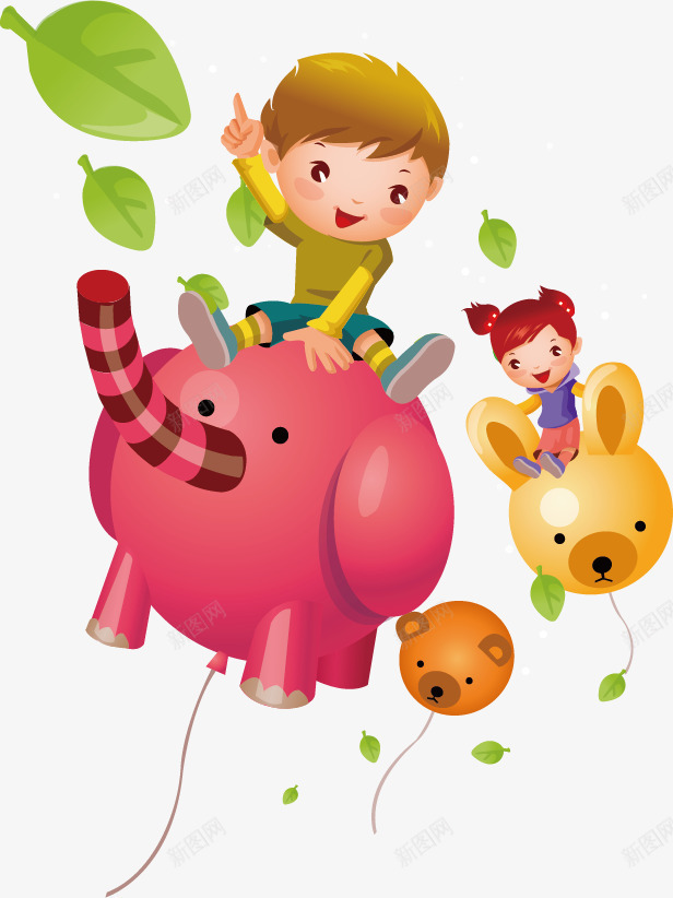 创意卡通png免抠素材_新图网 https://ixintu.com 儿童 儿童读物插画 充满活力的小朋友 创意卡通 大象 孩子 小熊 彩色手绘 树叶 气球 飞行