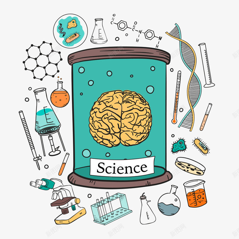 创意化学理科思维插画png免抠素材_新图网 https://ixintu.com 分子结构 化学仪器 基因链 大脑 烧杯 理科 科学 试管