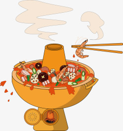 手绘卡通传统铜火锅海鲜火锅素材