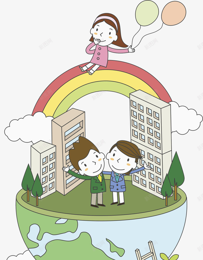 彩虹上的女孩png免抠素材_新图网 https://ixintu.com 女孩 建筑 彩色 彩虹 房屋 手绘 气球 白云