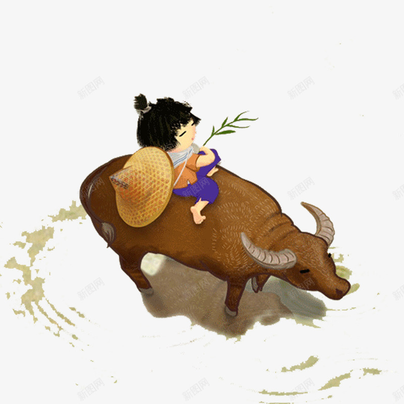 坐在牛身上的卡通小孩png免抠素材_新图网 https://ixintu.com 卡通插画 古诗场景 放牛 斗笠 清明节海报 牧童