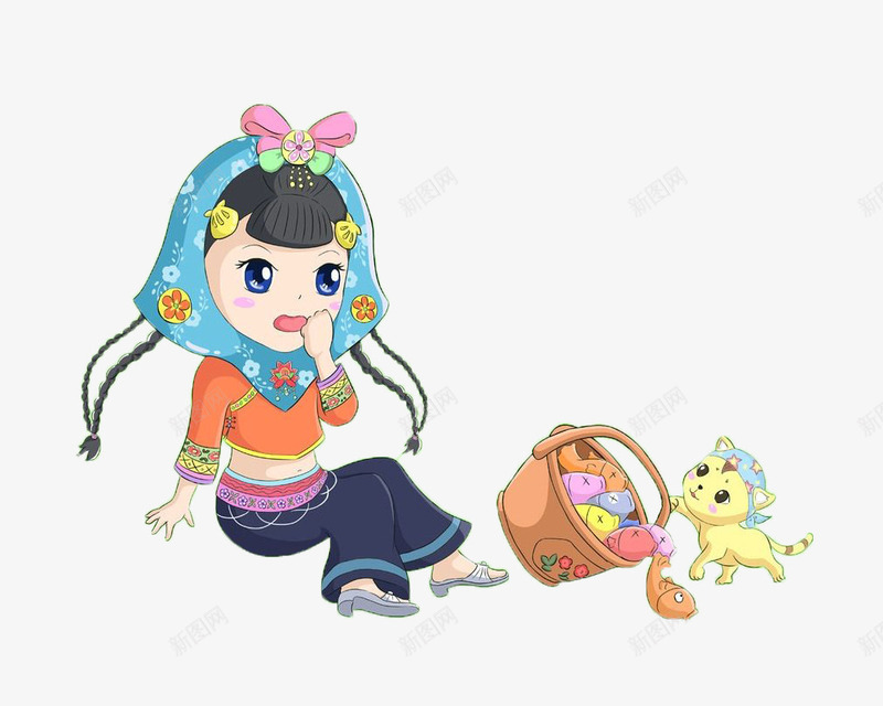 惠安女孩和调皮小猫咪png免抠素材_新图网 https://ixintu.com 卡通 小猫咪 惠安女 惠安女孩 调皮