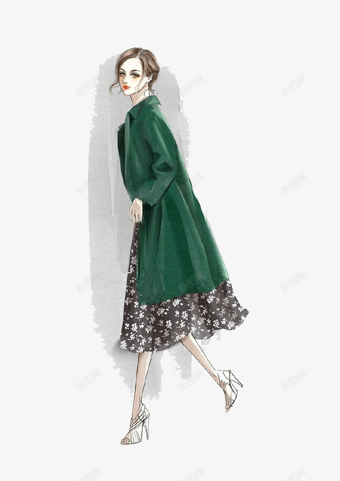 手绘创意墨绿色大衣服装插画png免抠素材_新图网 https://ixintu.com 创意 墨绿色 大衣 手绘 服装插画设计