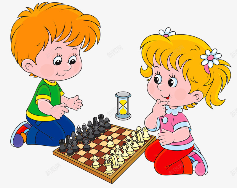下棋的小孩png免抠素材_新图网 https://ixintu.com 下棋 两个孩子 俱乐部宣传海报 动脑筋 国际象棋 女孩 娱乐 开心 快乐 思考 招生海报设计 插画 沙漏 海报设计 男孩 观看下棋卡通 象棋俱乐部
