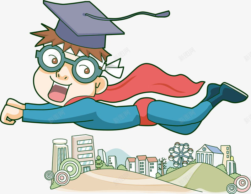 卡通学士超人飞在学校上空png免抠素材_新图网 https://ixintu.com 卡通学士超人 卡通学校背景矢量 学位 学士超人 爸爸超人