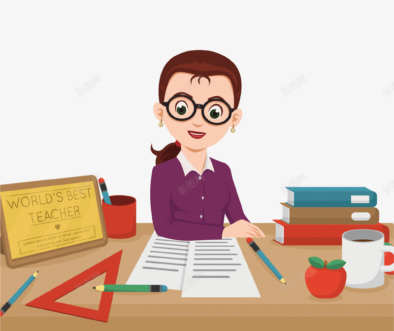 批改作业的教师插画psd免抠素材_新图网 https://ixintu.com 书本 卡通手绘 批改作业 插画 教师节 文具 老师