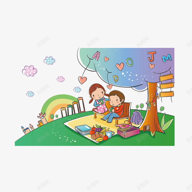 树下玩耍的孩子矢量图ai免抠素材_新图网 https://ixintu.com 云 孩子 彩虹 树 矢量图