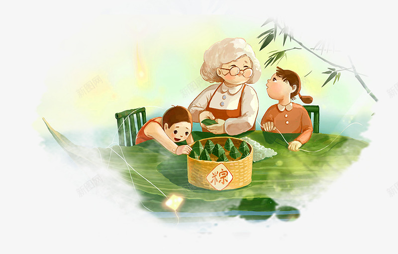 彩色水墨包粽子卡通插画png免抠素材_新图网 https://ixintu.com 包粽子 彩色 树叶 水墨 端午节 粽子插图 绿色 美食 节日 食物