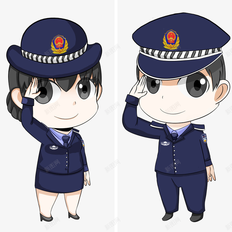 手绘卡通Q版男女警察png免抠素材_新图网 https://ixintu.com Q版 公安 军人敬礼 卡通 手绘 敬礼 男女警察 立正敬礼 证件插画
