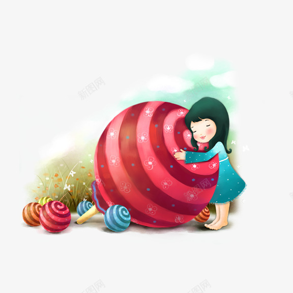 卡通小女孩png免抠素材_新图网 https://ixintu.com 卡通 可爱 女孩 小女孩 手绘 插画 棒棒糖 甜美 童话 童趣 糖果 红色 蓝色 赤脚 长头发 黑色