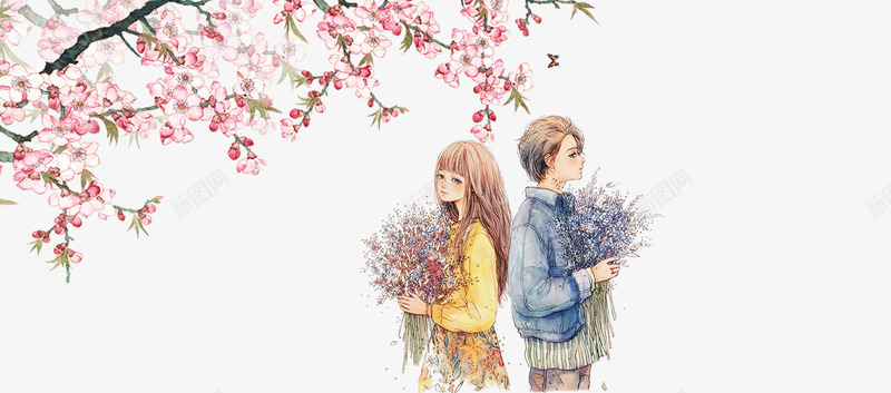 手绘浪漫情人节情侣psd免抠素材_新图网 https://ixintu.com 恋人 情人节 情侣 手绘 树枝 浪漫 漫画 背对背 花朵