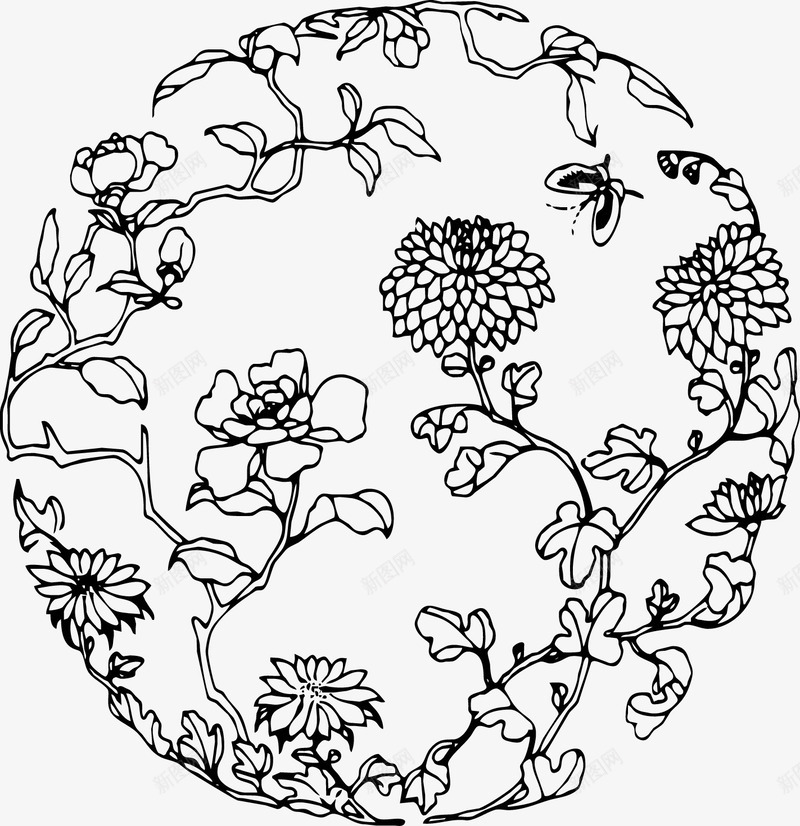 唯美中国毛笔工笔花卉画png免抠素材_新图网 https://ixintu.com 中国风 花卉 装饰 黑色