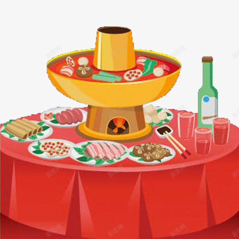 川味火锅饭桌png免抠素材_新图网 https://ixintu.com 啤酒 川味火锅 川渝 手绘 插画 美食 老火锅 配菜 饭桌