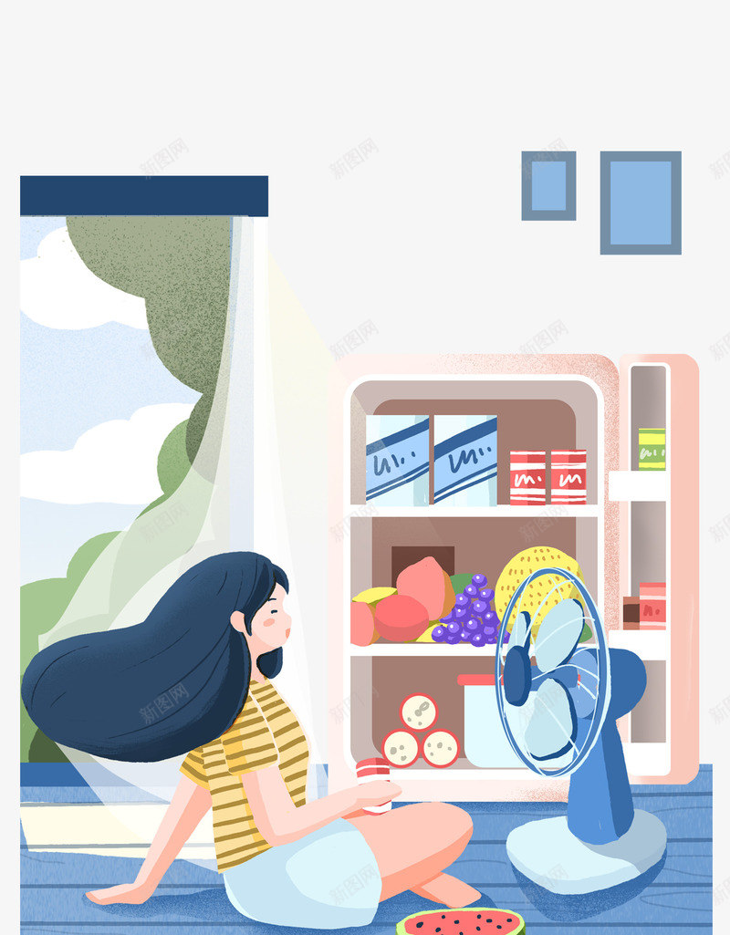 房间少女吹风扇插画png免抠素材_新图网 https://ixintu.com 吹风扇 壁橱 少女 插画 治愈系 清新 长发飘飘 零食