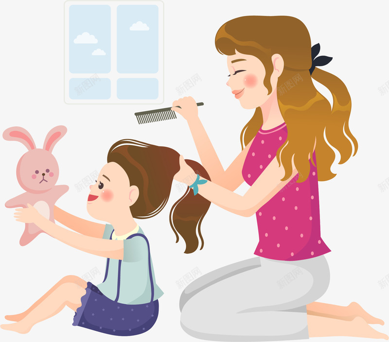 卡通妈妈给孩子梳头亲子插画矢量图ai免抠素材_新图网 https://ixintu.com 亲子 亲子时间 卡通亲子插画 妈妈给孩子梳头 温馨 矢量图
